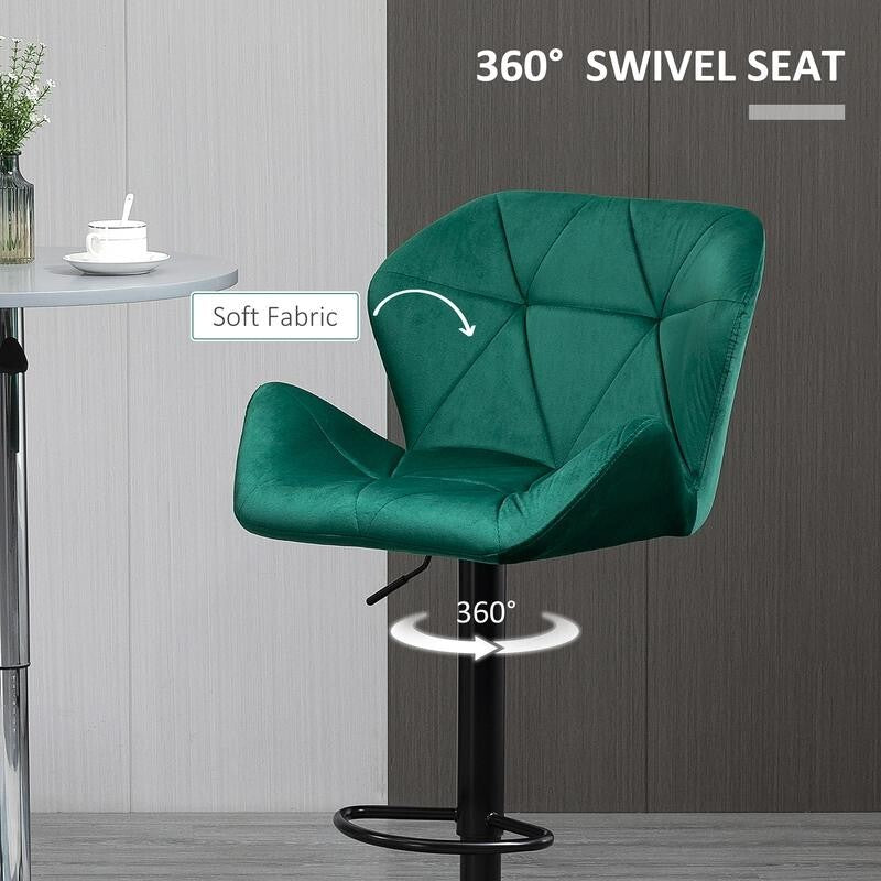 2x Green Velvet Bar Stools Adjustable Swivel Chairs with Footrest