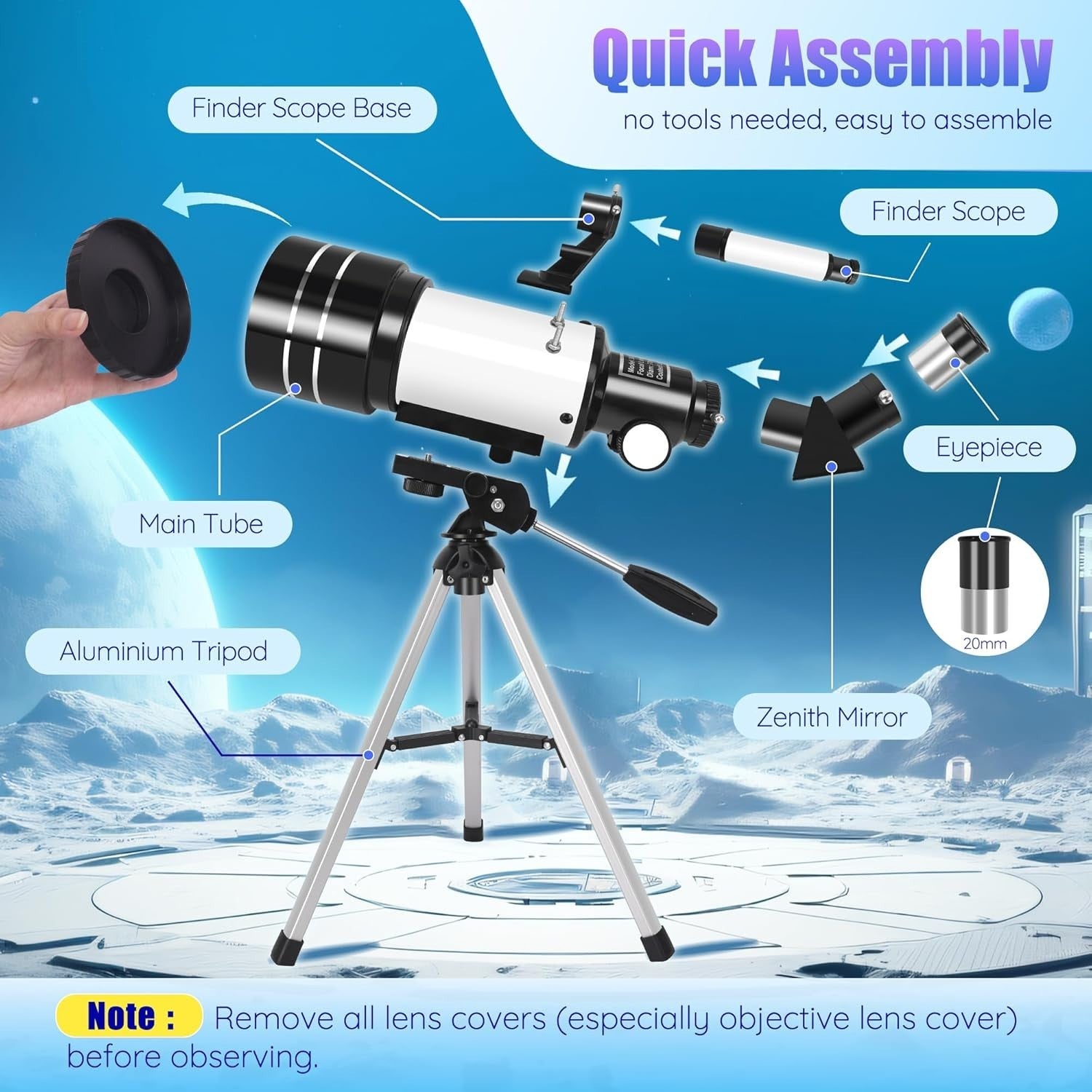 70mm Refractor Telescope 15X–150X for Kids & Adults - White