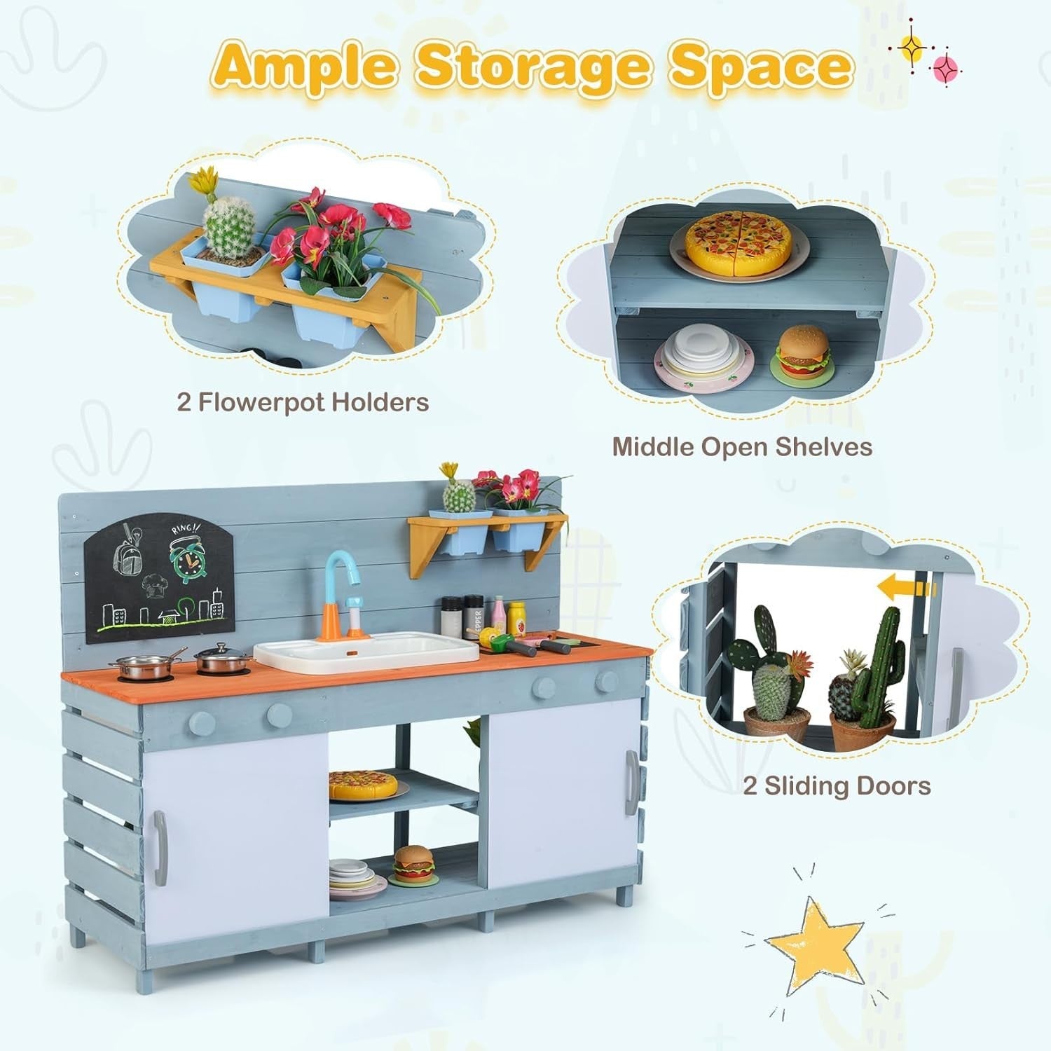Outdoor Kids Mud Kitchen Wooden Playset Sink Stoves Chalkboard 3-8