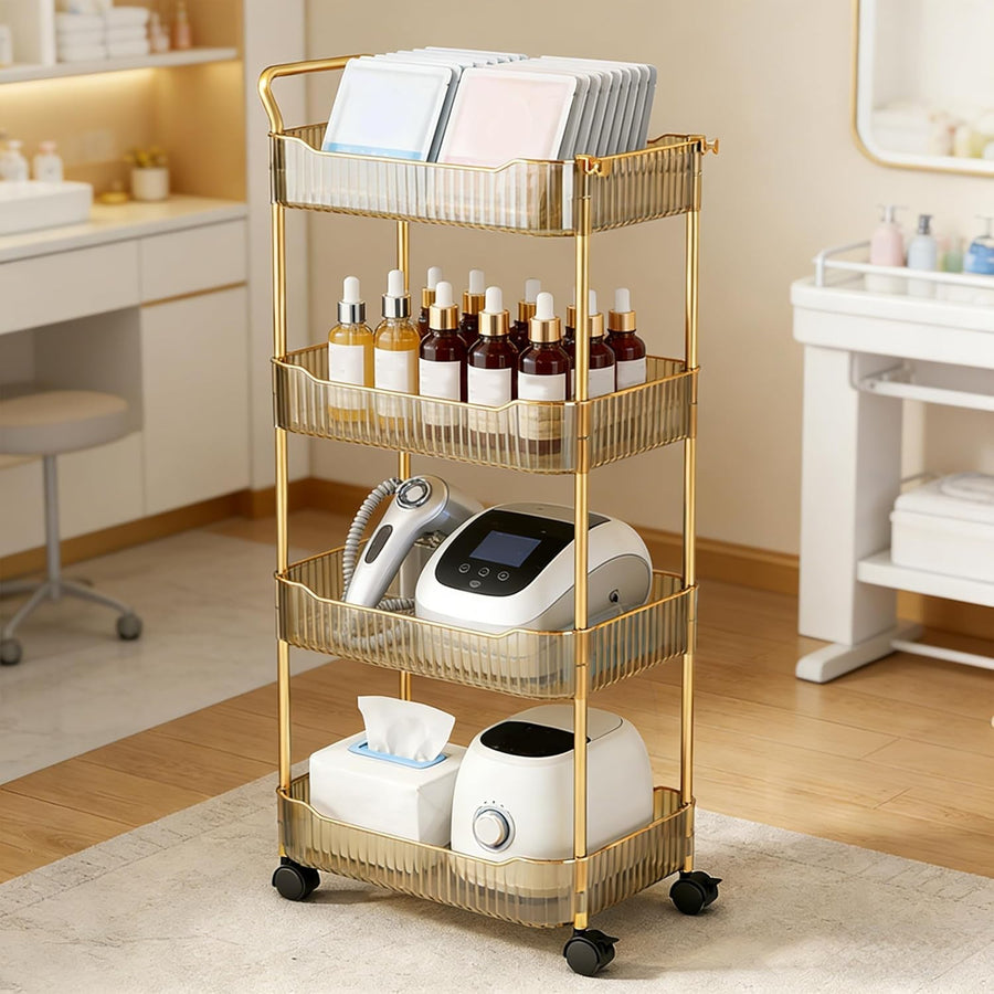 4 Tier Rolling Storage Trolley Acrylic Utility Cart Lockable Wheels Gold
