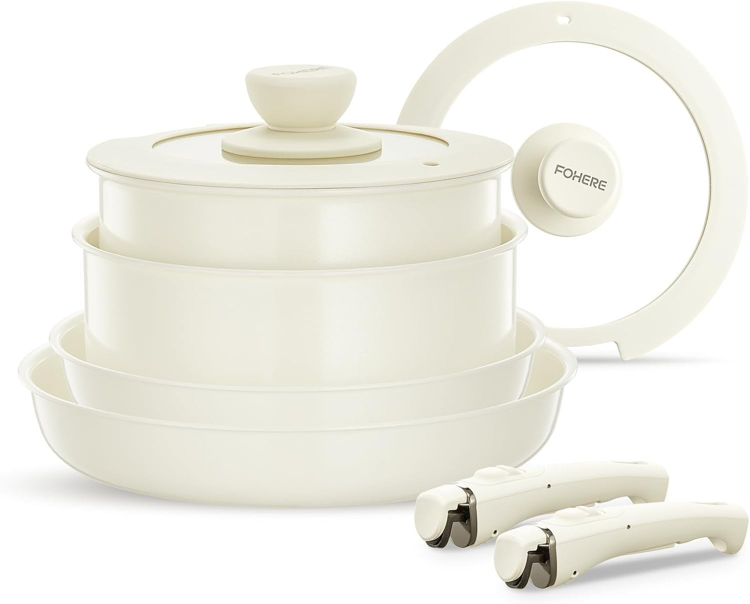 8Pcs Beige Ceramic Non-Stick Cookware Set with Detachable Handles & Lids