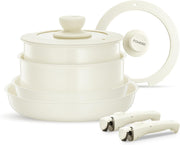 8Pcs Beige Ceramic Non-Stick Cookware Set with Detachable Handles & Lids
