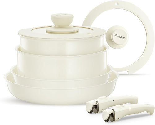 8Pcs Beige Ceramic Non-Stick Cookware Set with Detachable Handles & Lids