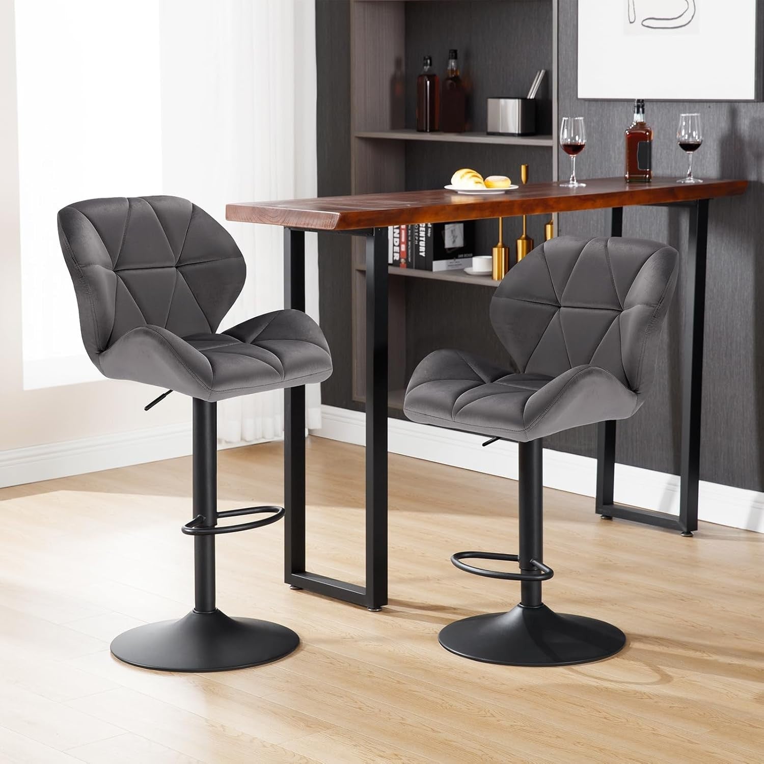 Swivel Bar Stools Set of 2 Adjustable Counter Chairs Dark Grey