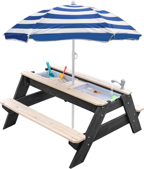 Kids Sand & Water Picnic Table w/ Umbrella | 3-in-1 Outdoor Wood Bench