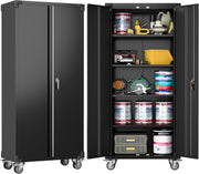 Heavy Duty 2-Door Metal Storage Cabinet with Wheels & Lock, 183cm Tall