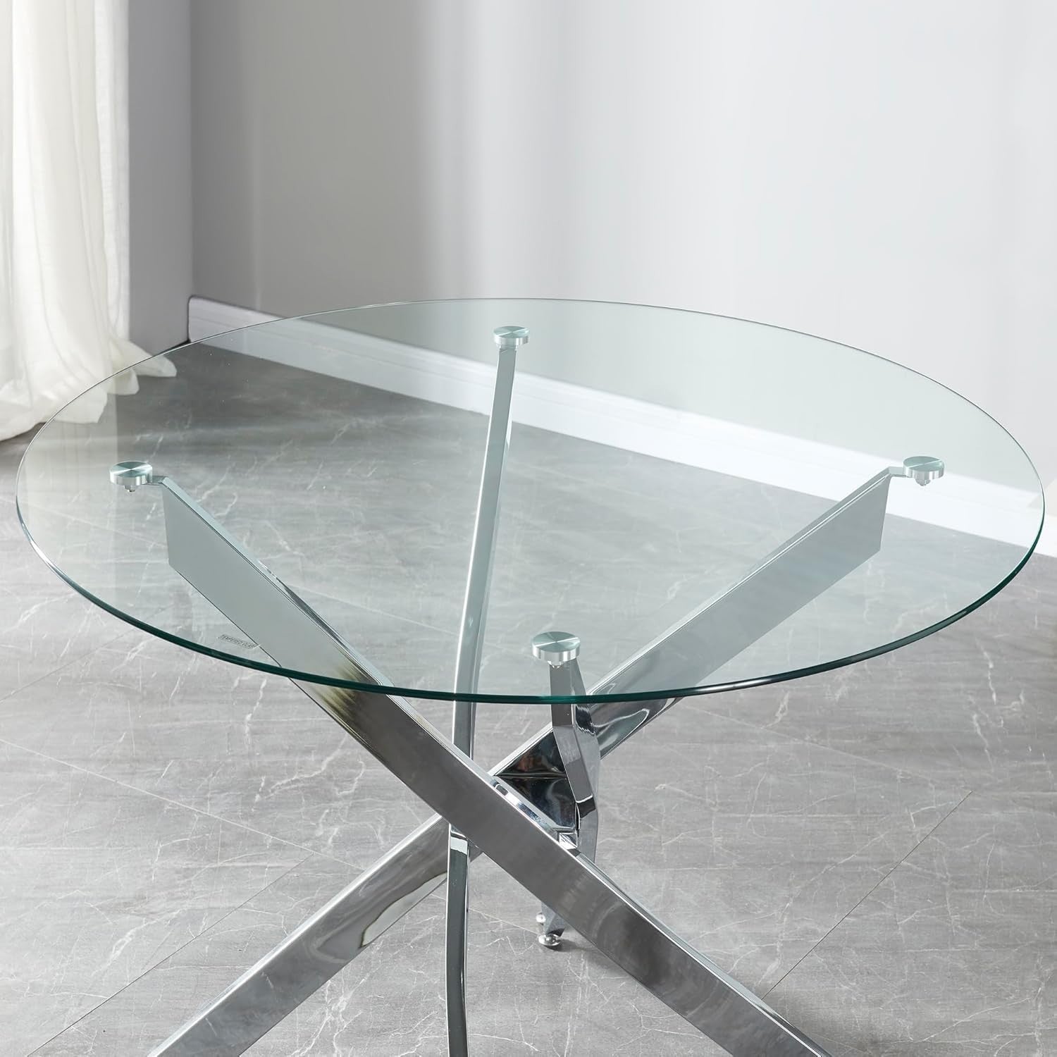Modern Round Clear Glass Dining Table with Metal Legs 100cm