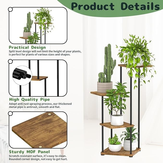 4 Tier Metal & Wood Tall Plant Stand Indoor Corner Flower Shelf Display Rack
