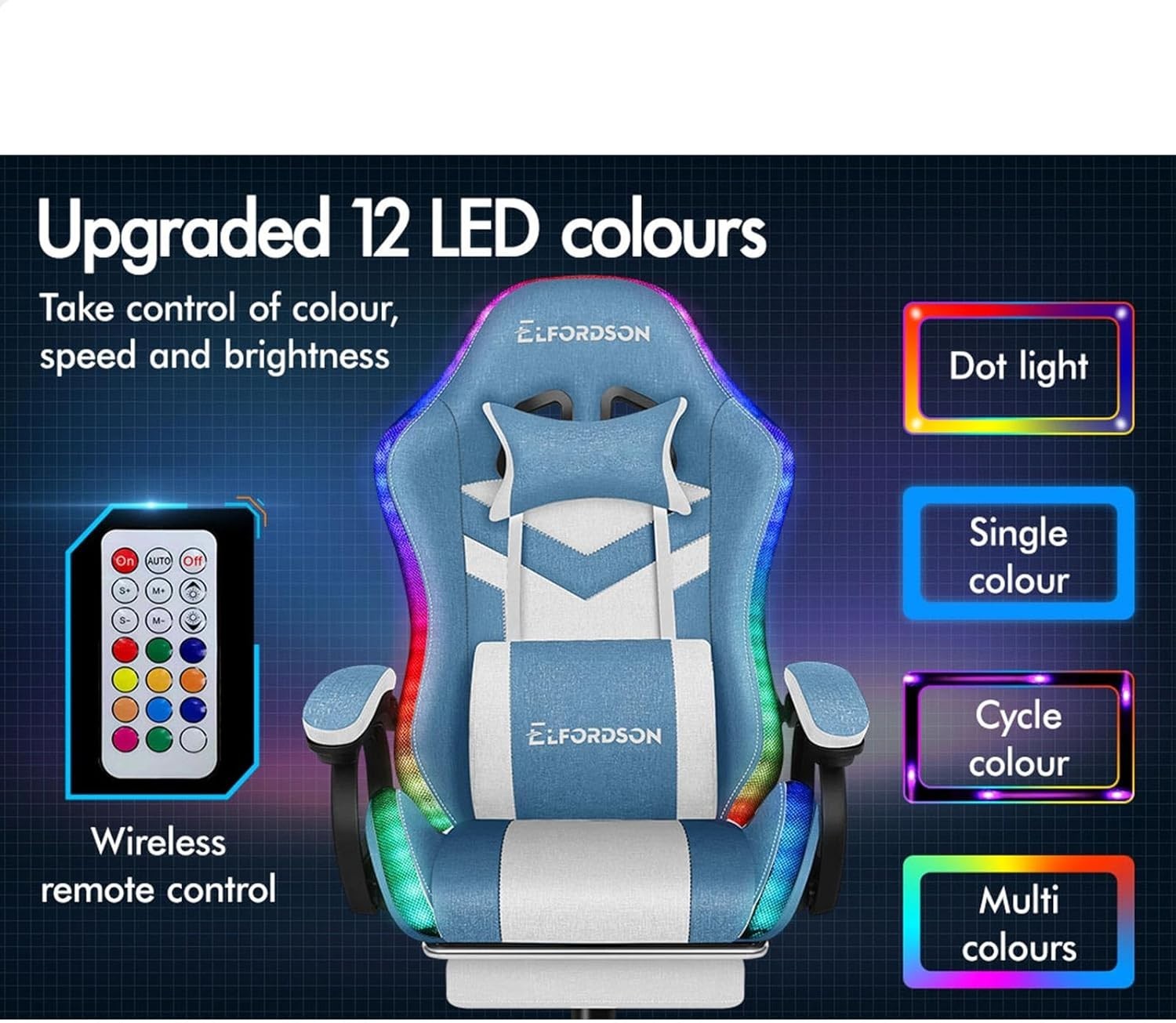 Gaming Chair RGB LED Light 8-Point Massage Recliner PC Office Desk Swivel White