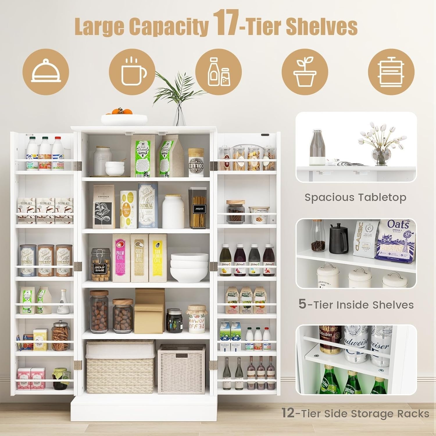 White 60x40x120cm Kitchen Cupboard Pantry Cabinet Lockable Adjustable
