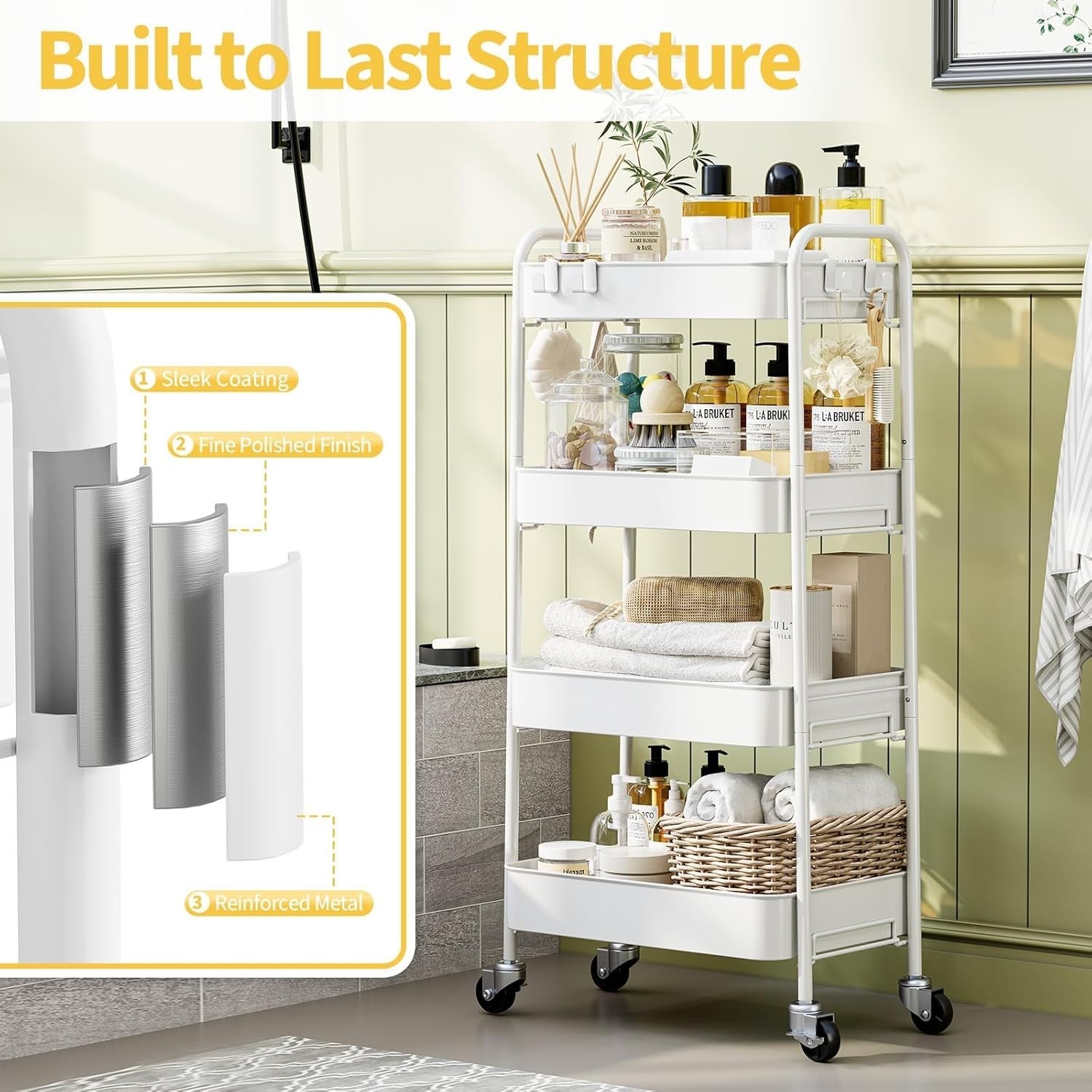 4 Tier Rolling Storage Cart Metal Utility Trolley Organizer Wheels
