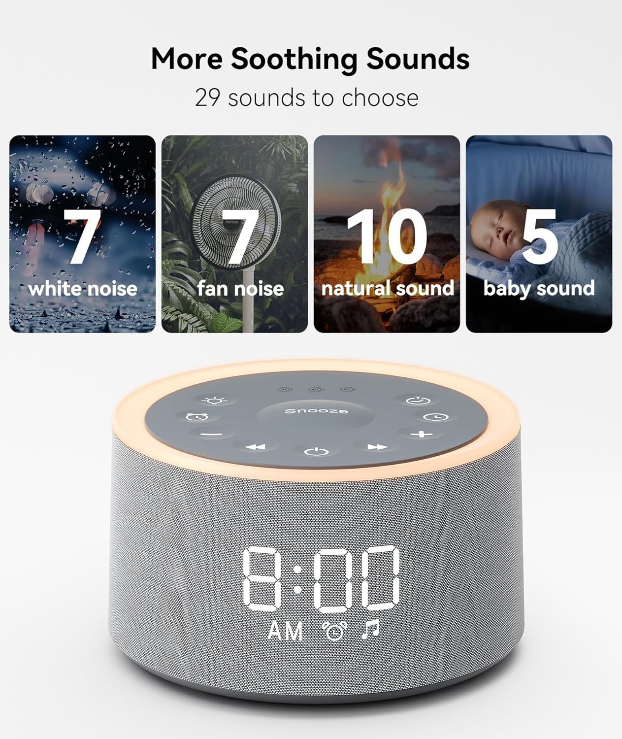 White Noise Machine Alarm Clock Night Light 29 Sounds Dimmable Display