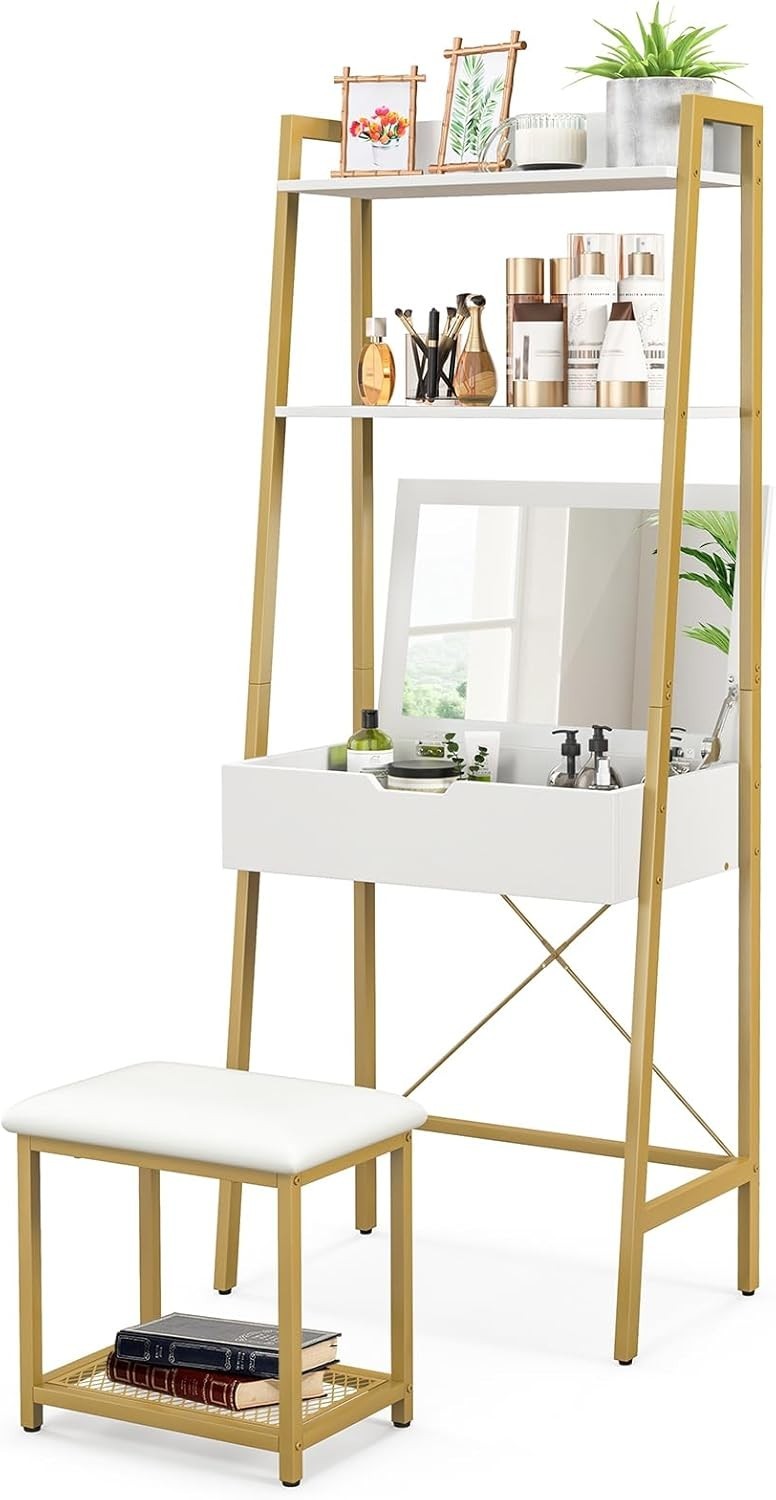 2-in-1 Flip Top Vanity Makeup Dressing Table Desk & Stool Set Storage White Gold