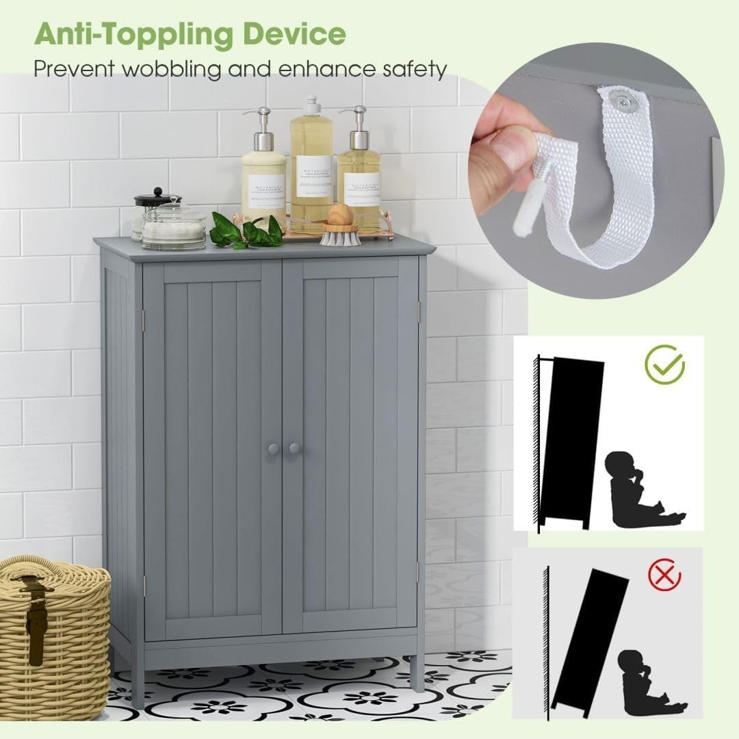 Adjustable Bathroom Floor Cabinet with 3 Shelves, Anti-Tipping Design, Grey