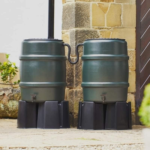 114L Water Butt Double Kit with Stand, Diverter & Link Kit, Green, Round