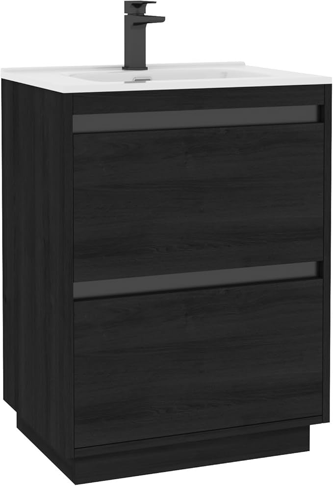 600mm Black Floor Standing Vanity Unit with Basin Sink 2 Drawer Bathroom Cabinet