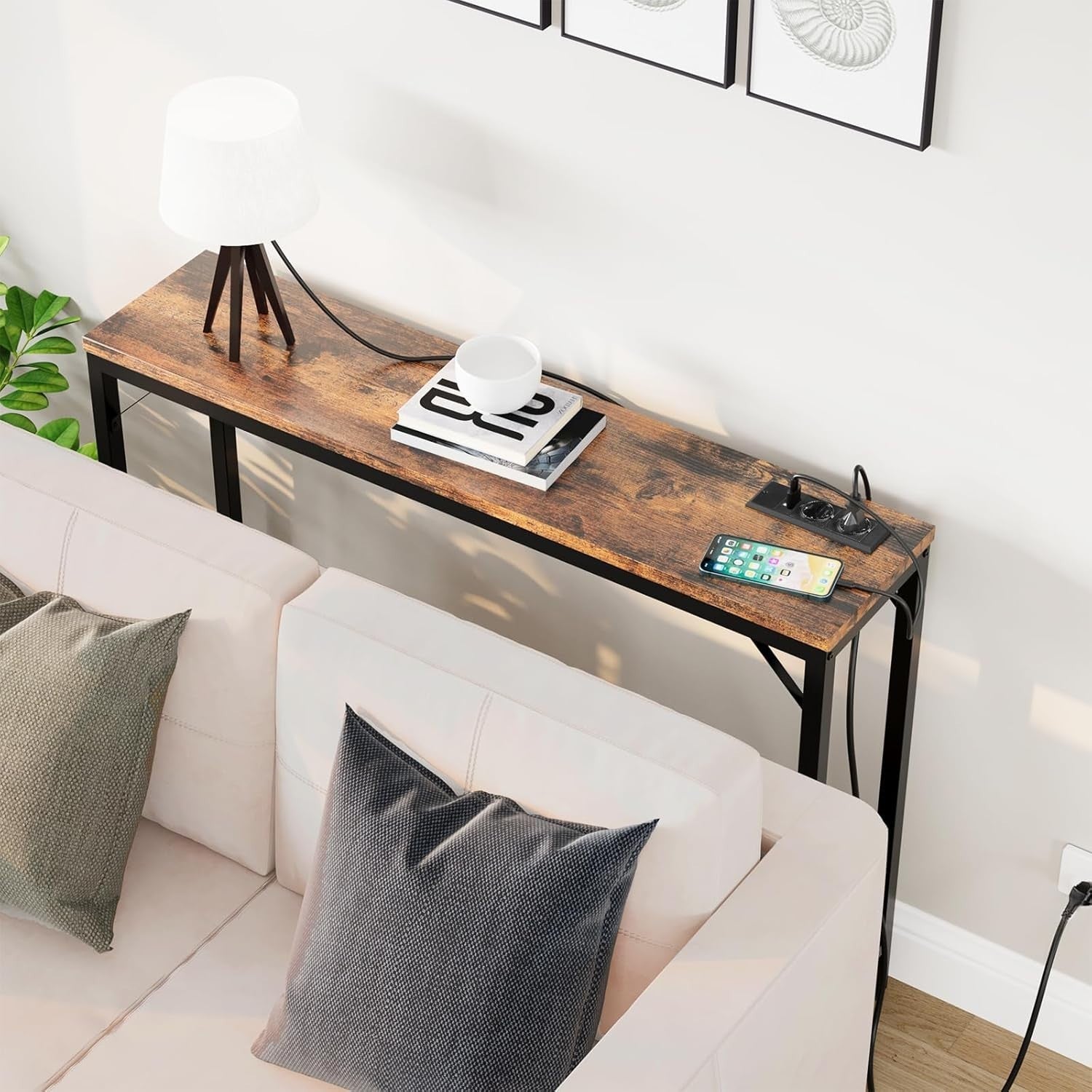Narrow Console Table with Charging Station & USB Ports, 23x100x80cm, Brown