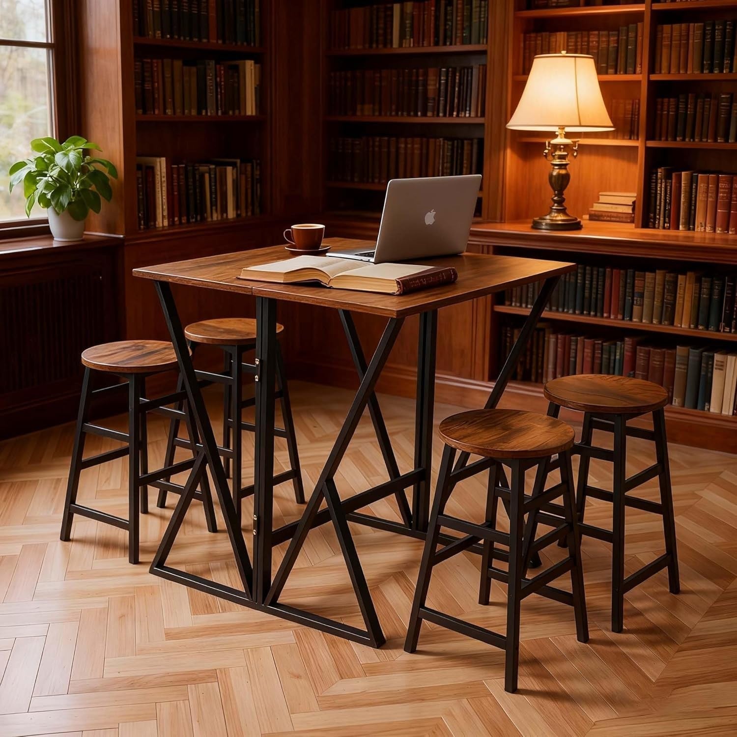 5-Piece Folding Breakfast Bar Table & 4 Stools Set – Vintage Brown Compact