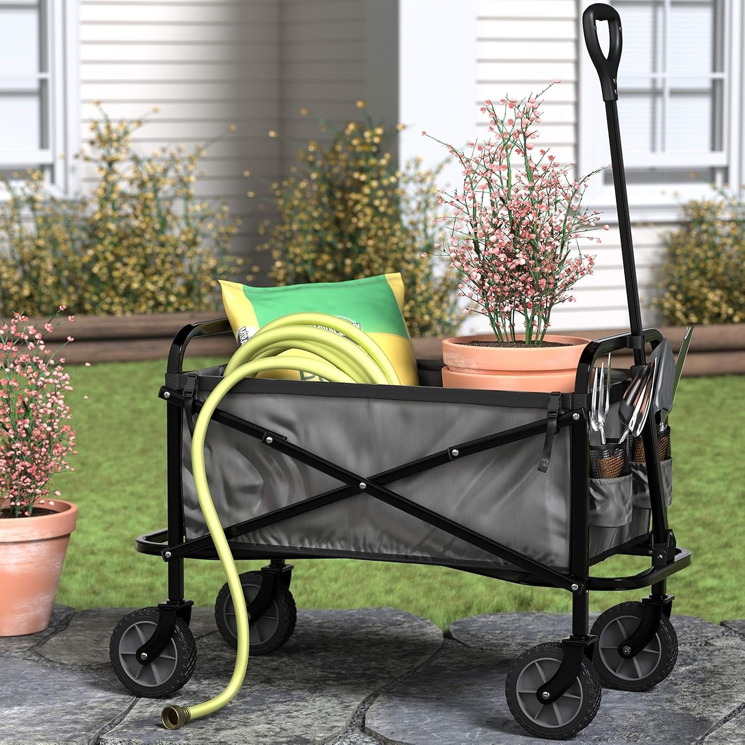 Collapsible Garden Wagon Foldable Utility Cart Sturdy Outdoor Grey