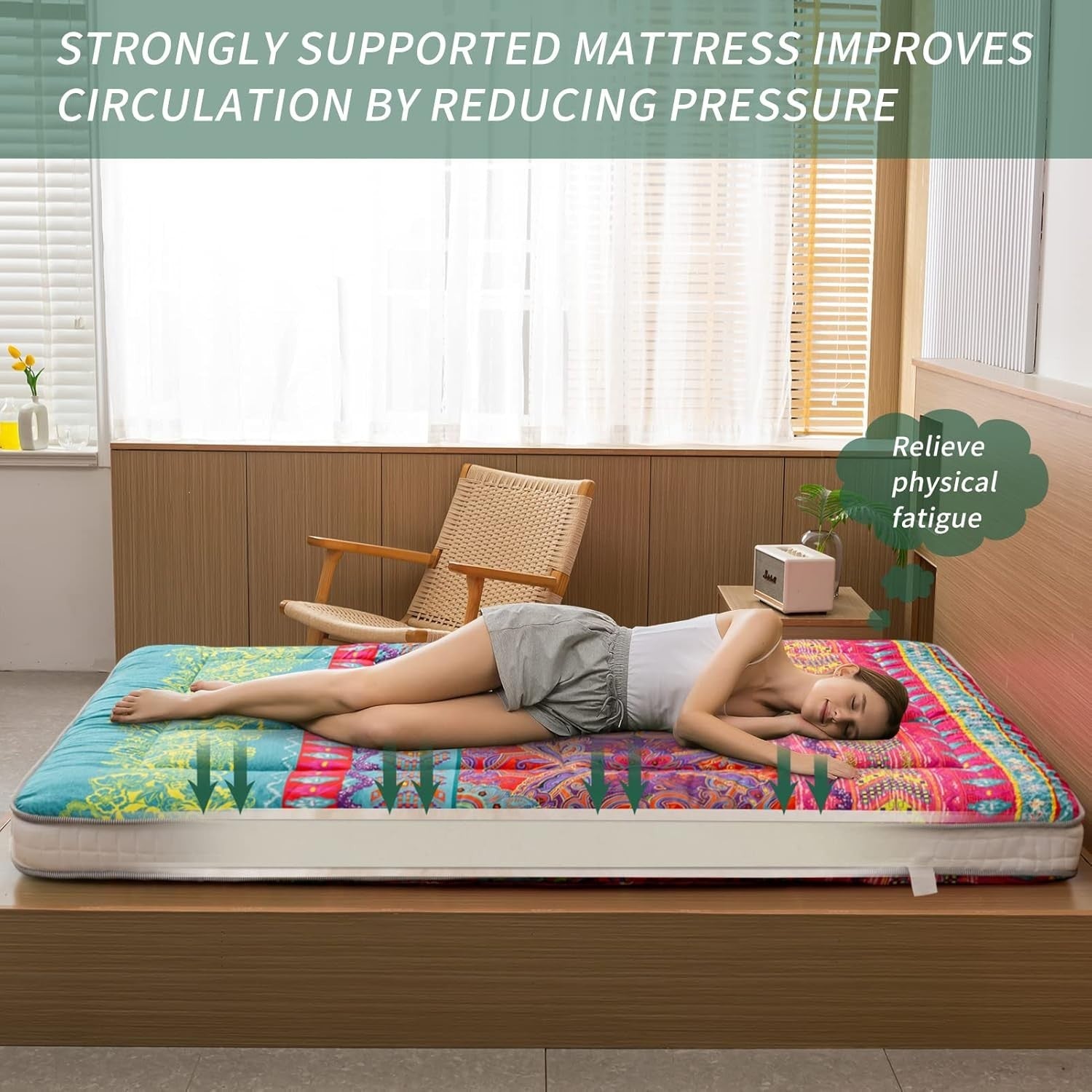 King Size Bohemian Futon Mattress Roll Up Thick Plush Japanese Floor Bed Pad