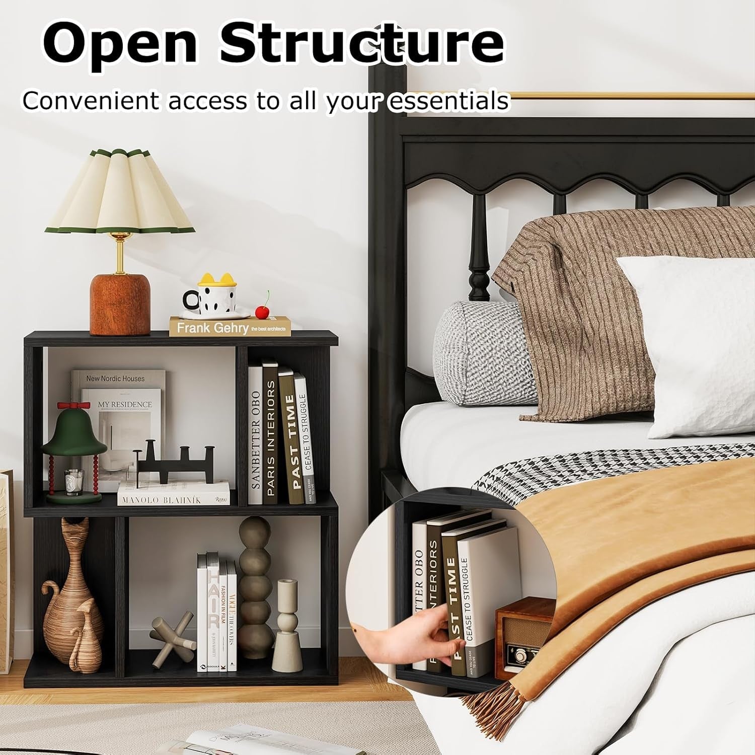 Black S-Shaped 3 Tier Bookcase Small Freestanding Display Shelf 50×18×56cm