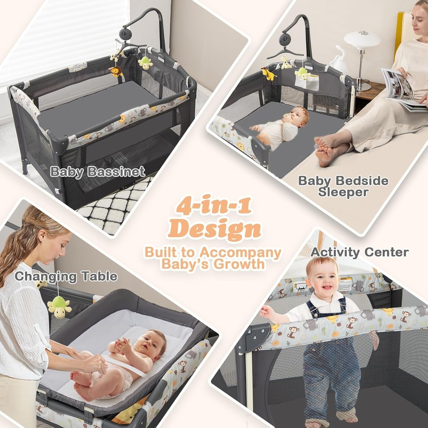 4in1 Travel Cot Baby Bedside Foldable Crib Bassinet Portable Playard Dark Grey