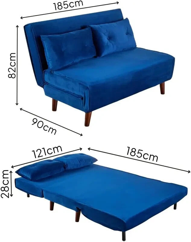 Velvet Double Sofa Bed Blue Folding Chair Sleeper Seat with Pillows