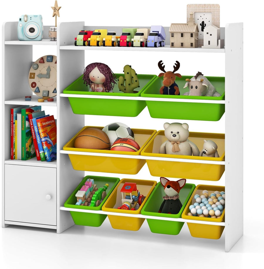 4 Tier Kids Toy Storage Organizer with Bins & Cabinet Bookshelf Unit White