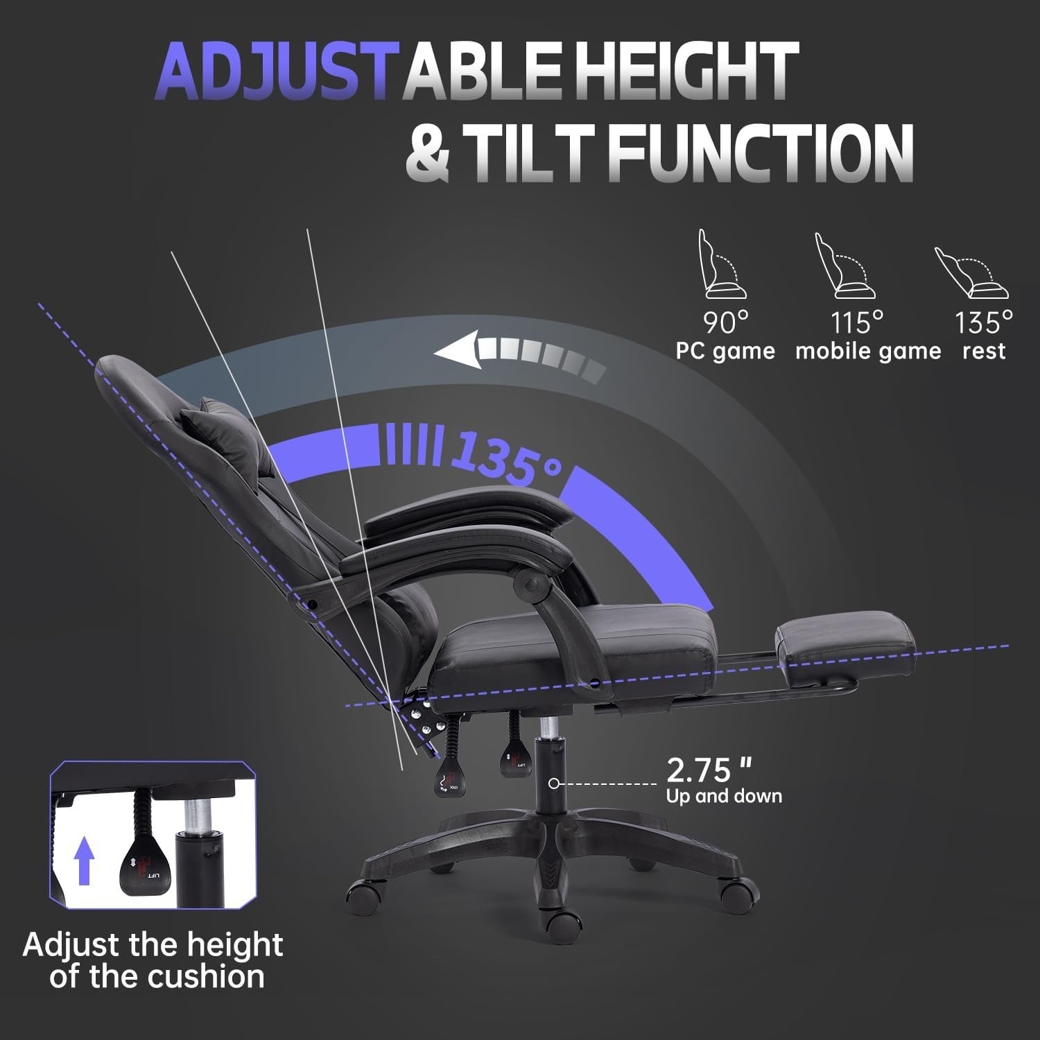 Gaming Chair Recliner with Footrest 360° Swivel Lumbar Support