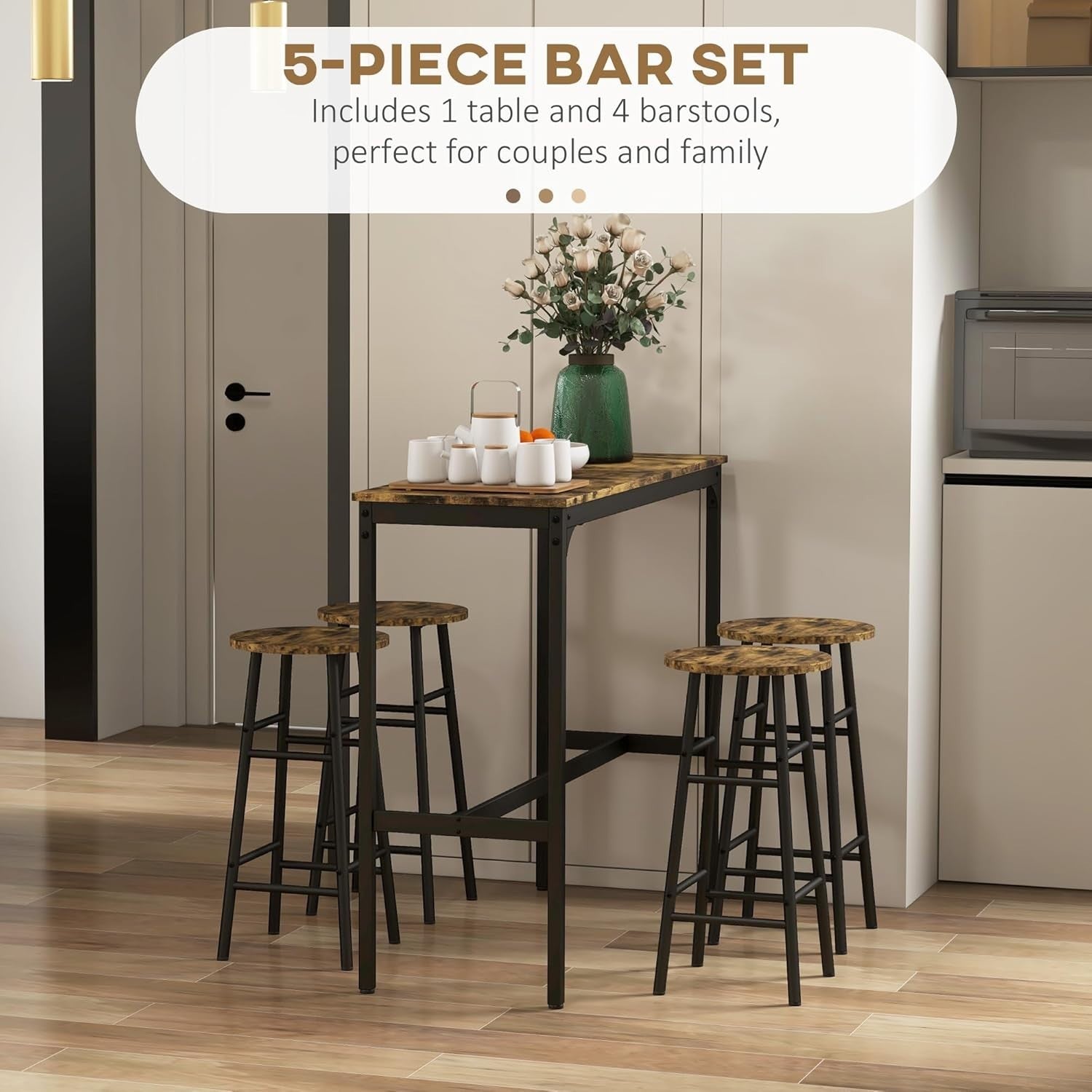 5-Piece Bar Table Set with 4 Stools, Rustic Brown Space-Saving Dining Set