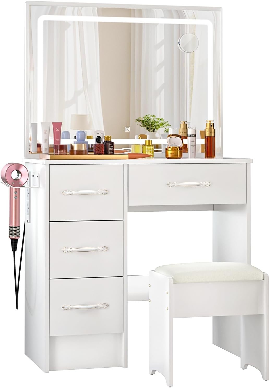 White LED Dressing Table Set w/10 Lights Mirror 5 Drawers Corner Vanity Desk