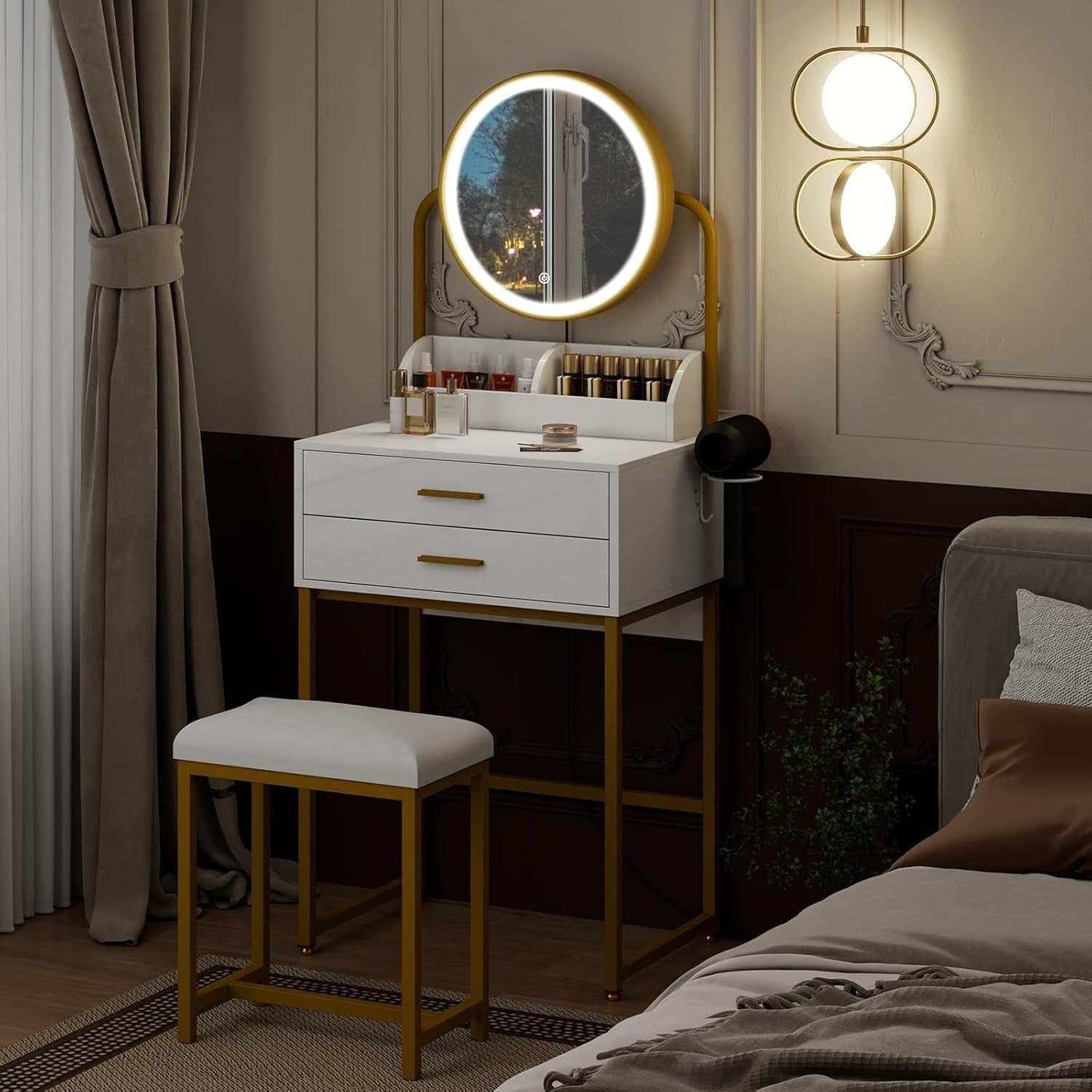 White Gold Vanity Table Set Desk Dresser LED Mirror 2 Drawer Storage Stool