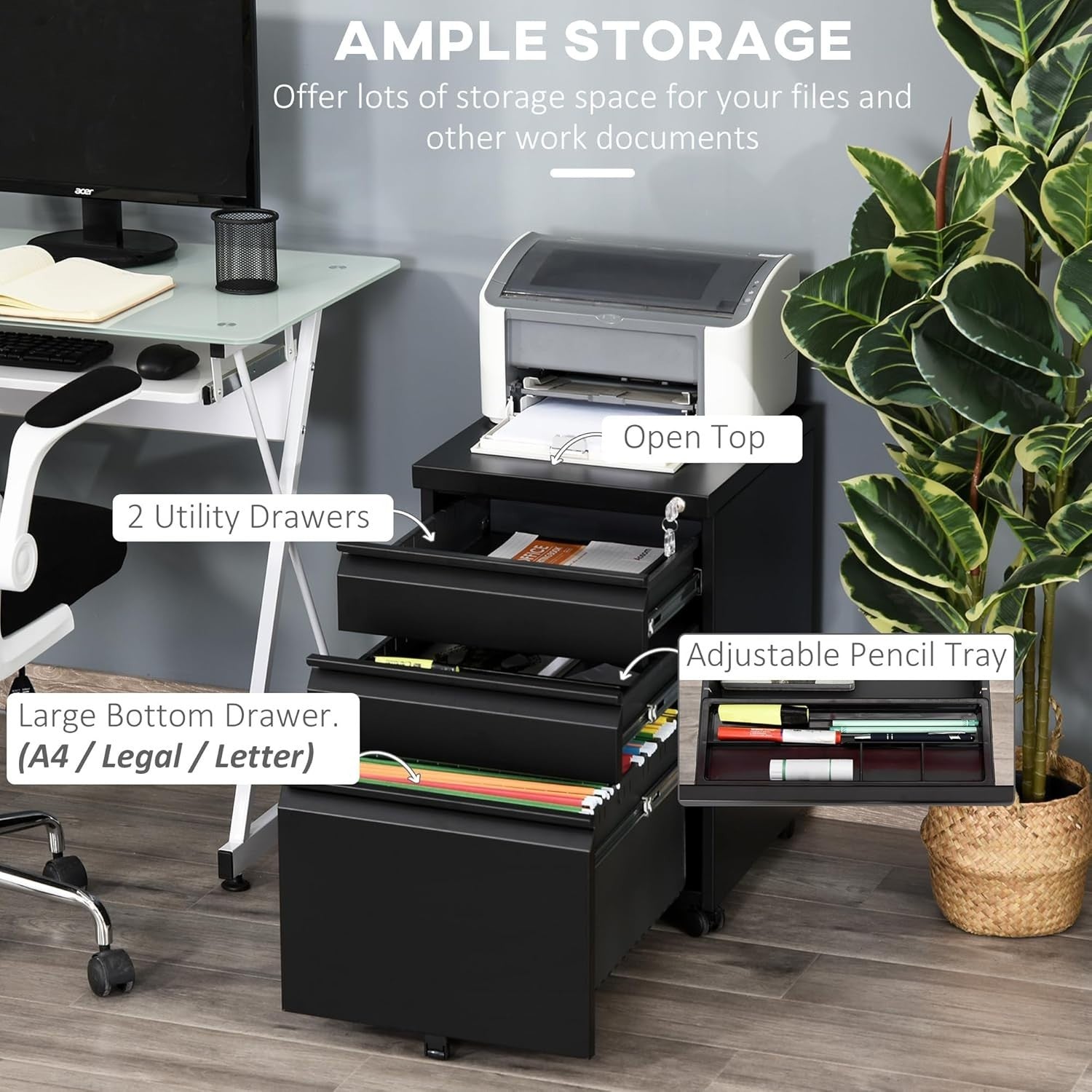 3 Drawer Mobile Filing Cabinet with Lock Under Desk Office Storage Black