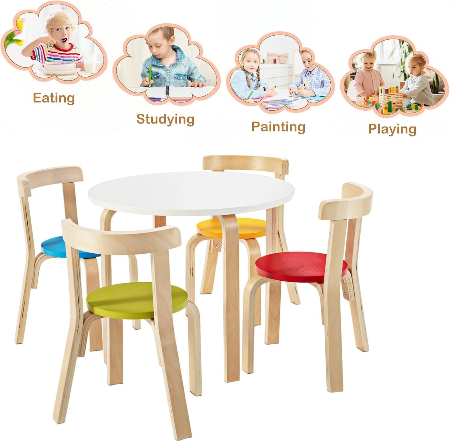 Kids Table and Chairs Set 5pc Wooden Round Playroom Furniture with 4 Stackable C