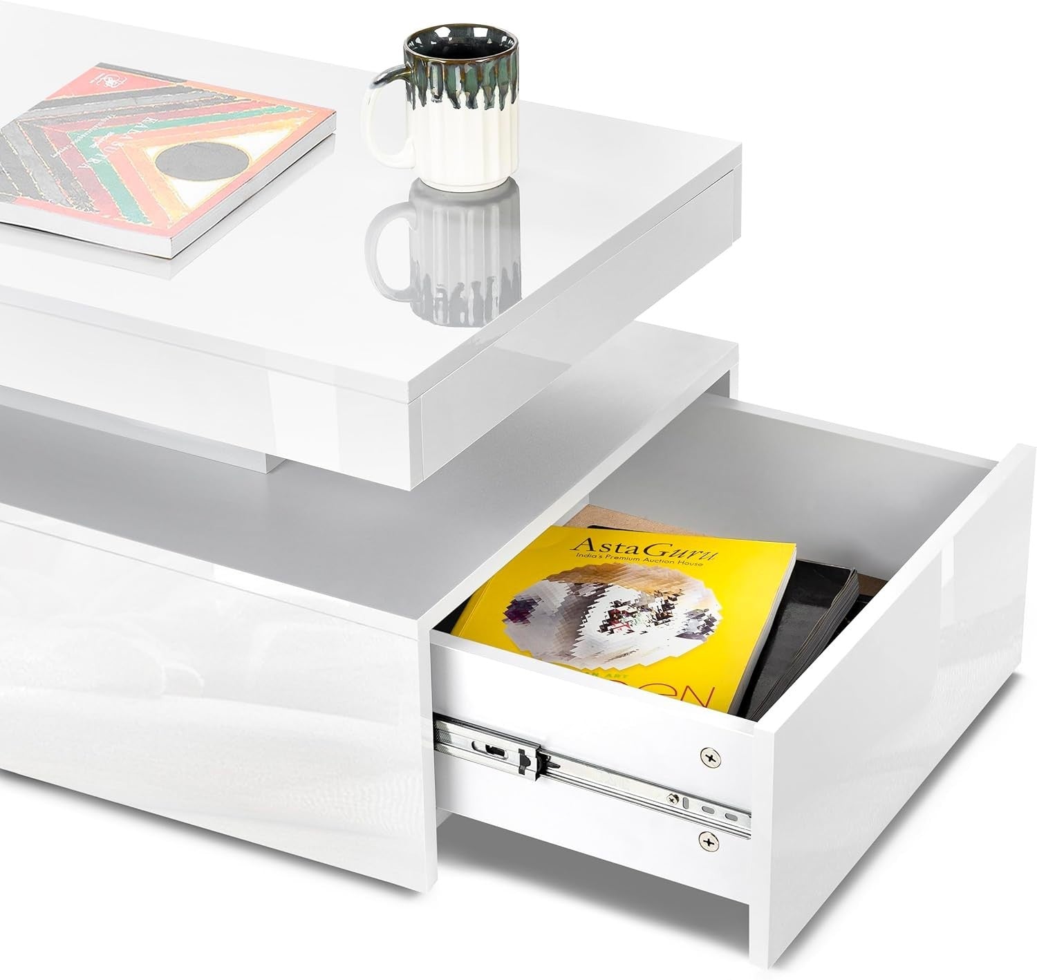 White High Gloss LED Coffee Table with Storage Drawers | 94cm RGB Lights