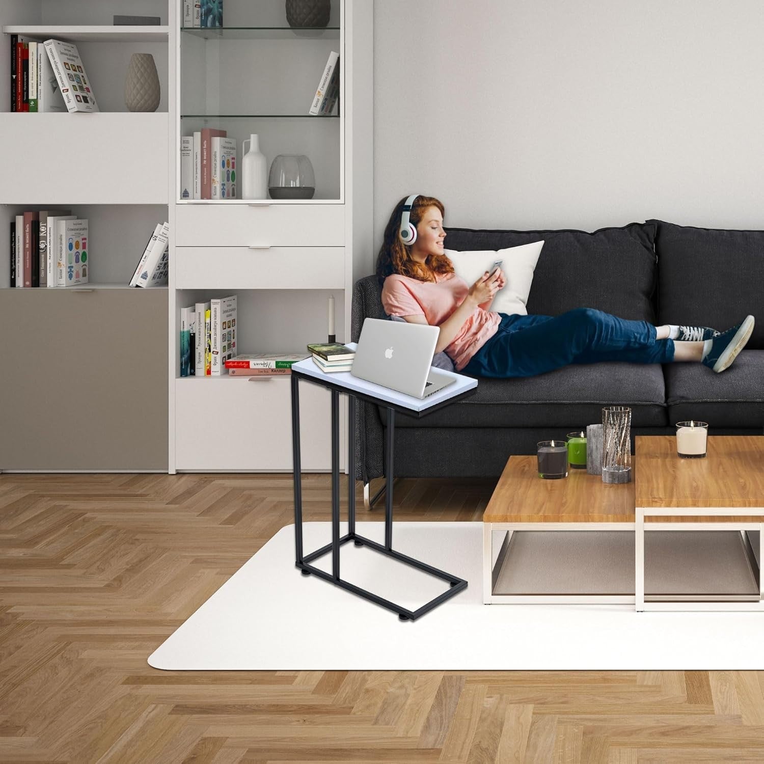C Shaped Side Table, White Coffee & Laptop Table for Sofa, Space Saving