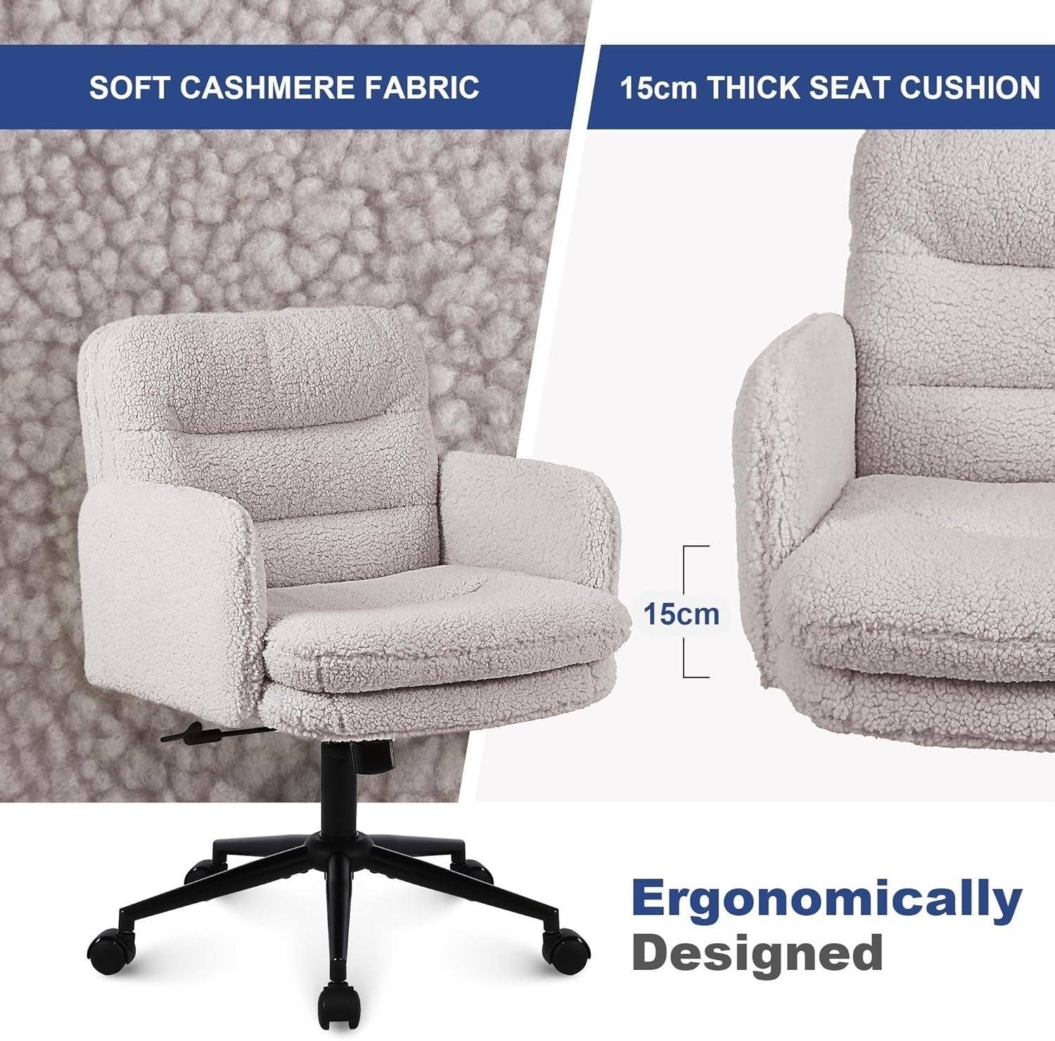 Ergonomic Office Desk Chair Swivel Cream Faux Fur Adjustable Height Tilt Lock