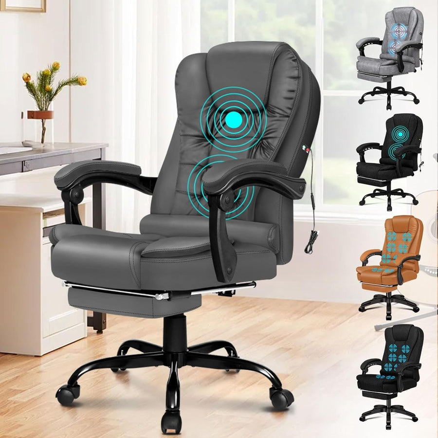 Grey Massage Office Chair Recliner Footrest Ergonomic PU Leather Heavy Duty
