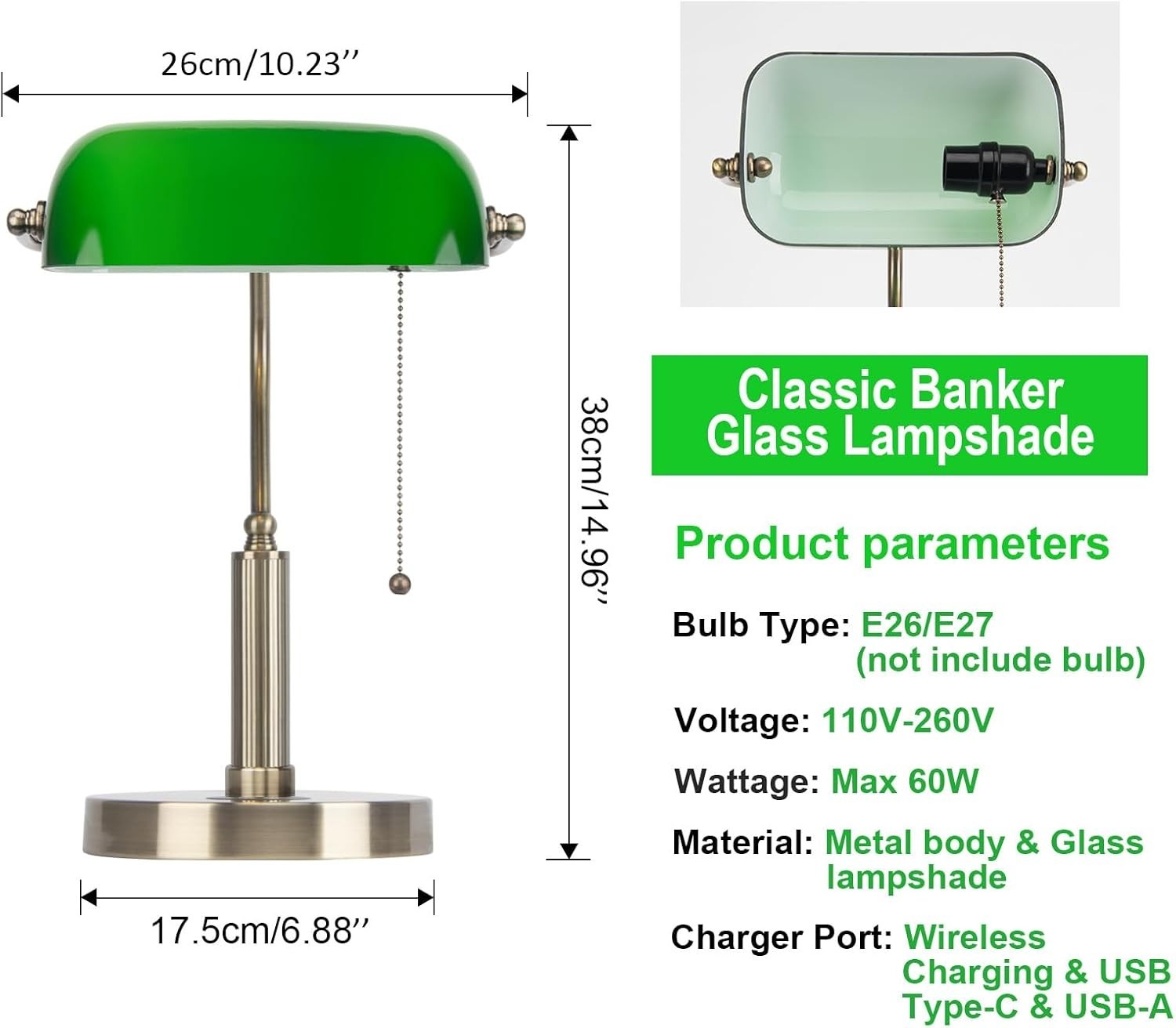Vintage Green Glass Desk Lamp with Wireless Charging & USB Port, 32cm