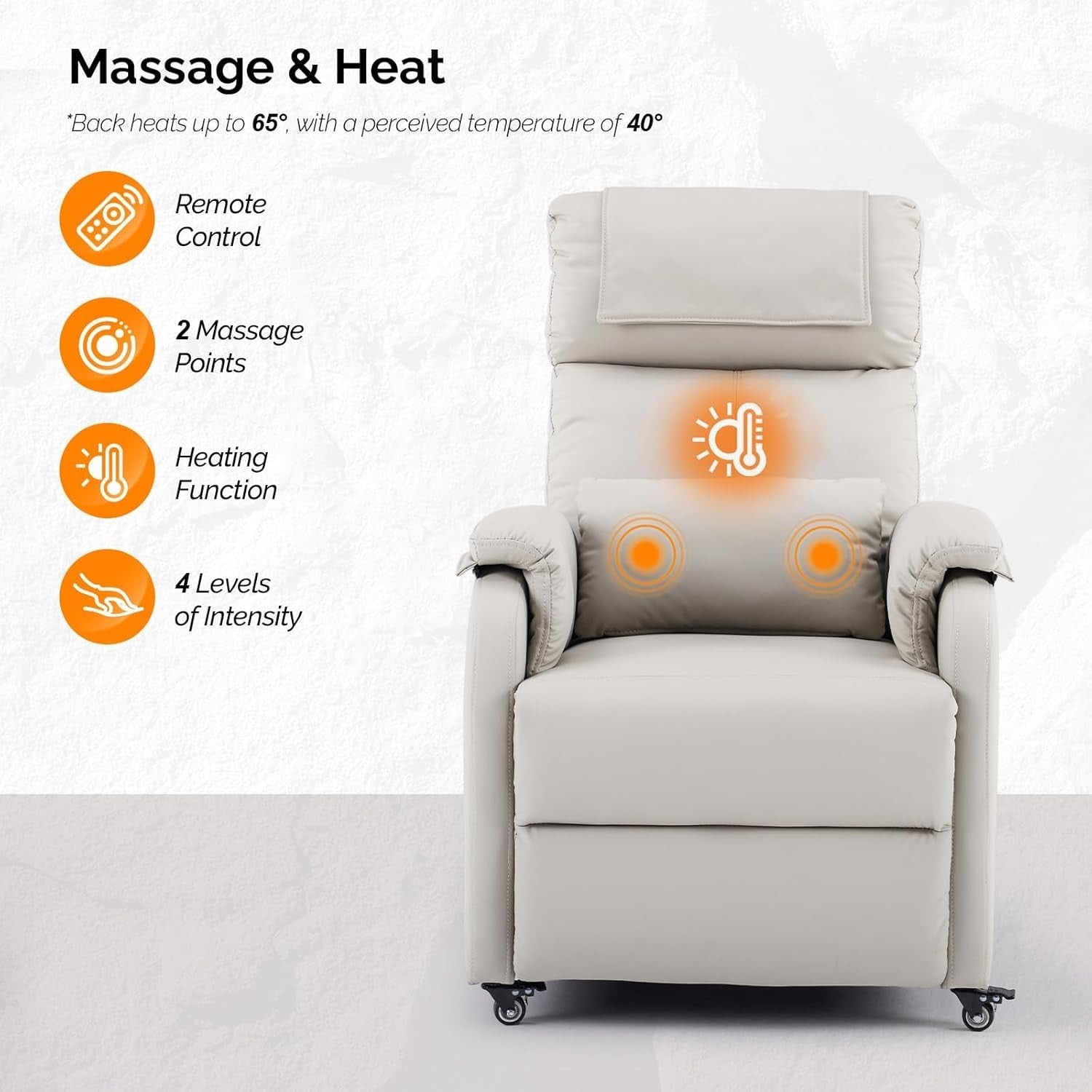 Electric Recliner Chair w/ Wheels Massage Heat Back Footrest Leather Pearl Grey