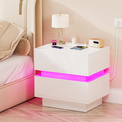 White LED Bedside Table with Power Socket, RGB Light & 2 Drawers
