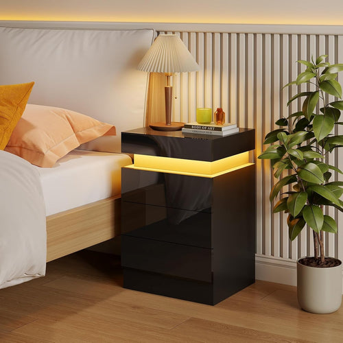 Black Gloss LED Bedside Table with Power Socket, USB Ports & 3 Drawers