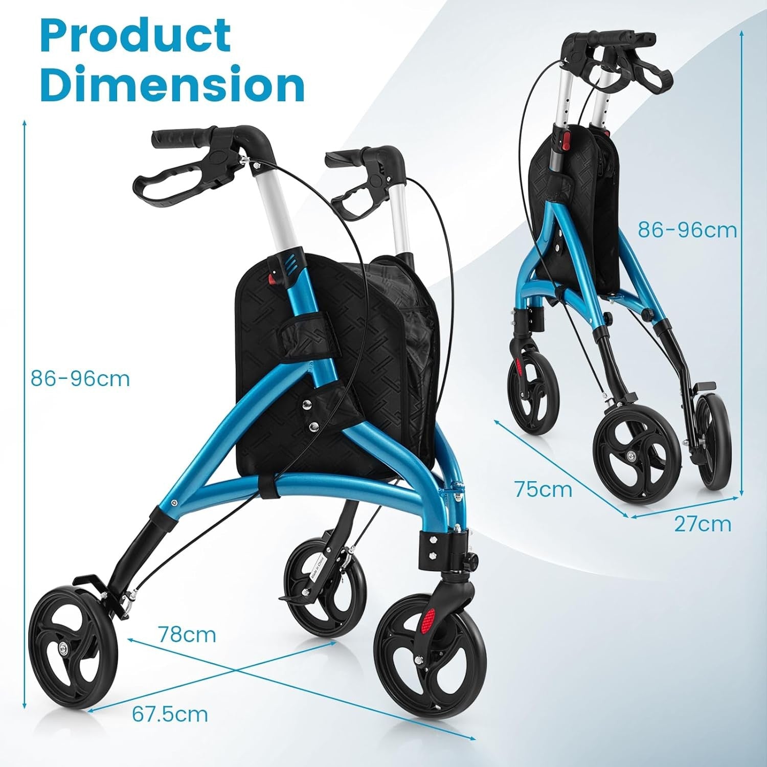 3 Wheel Folding Rollator Walker Lightweight Adjustable Mobility Aid with Brakes