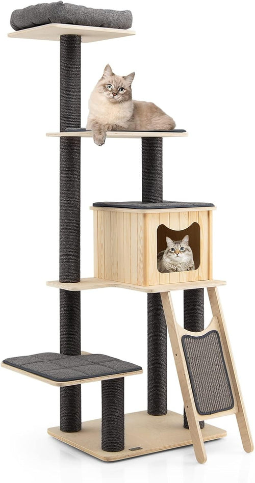 175cm Tall Wooden Cat Tree Multi Level Scratching Tower with Condo & Perch