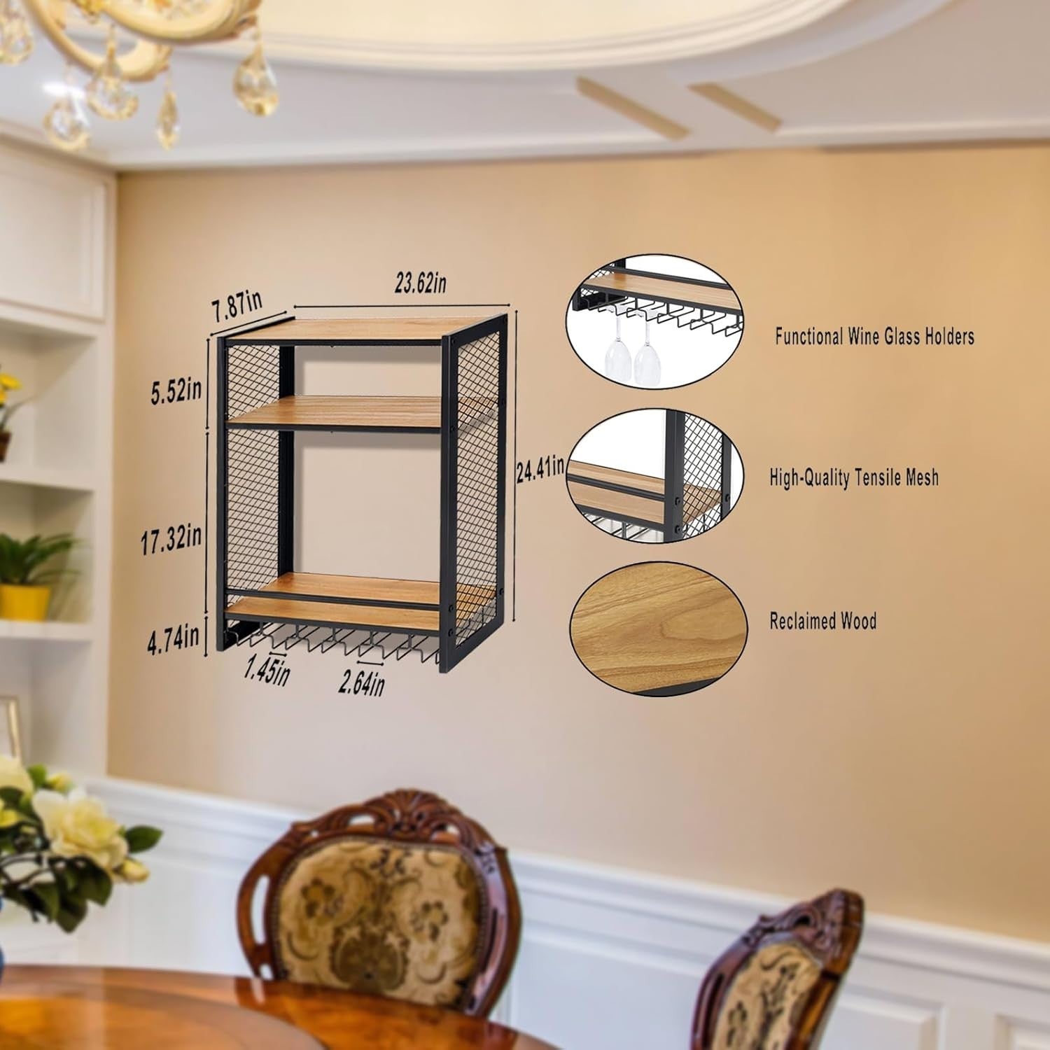 Wall Mounted Wine Rack 3 Tier Metal Shelf with Glass Holder Space Saving Storage