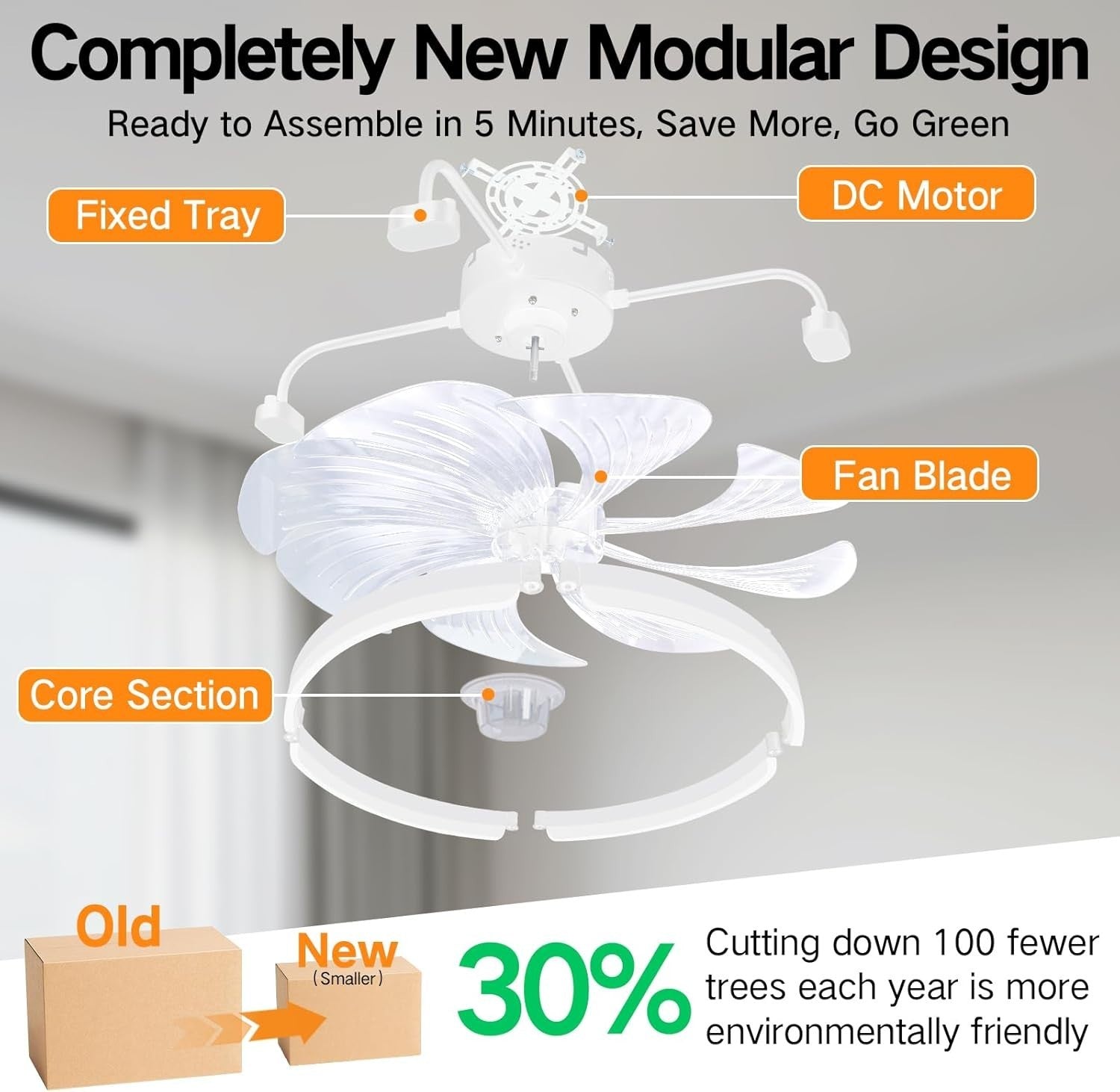60CM Ceiling Fan with Light, 6-Speed, Remote, Reversible, White, LED