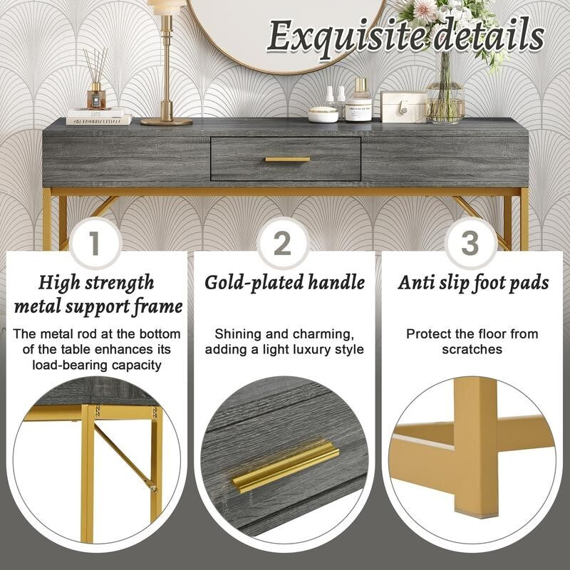 Luxury Console Table w/ Drawer – Gold Frame Entryway Hall Table 120cm