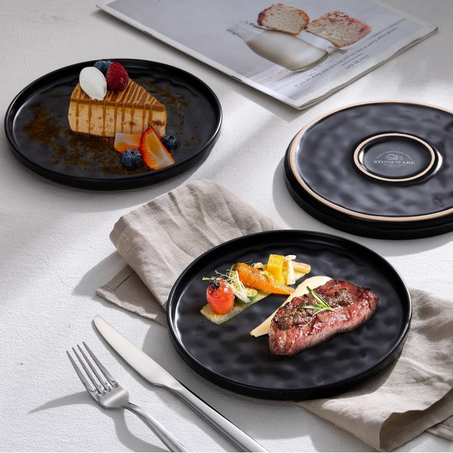 7.9in Ceramic Dessert Plates Set of 6 Matte Black Microwave Dishwasher Safe