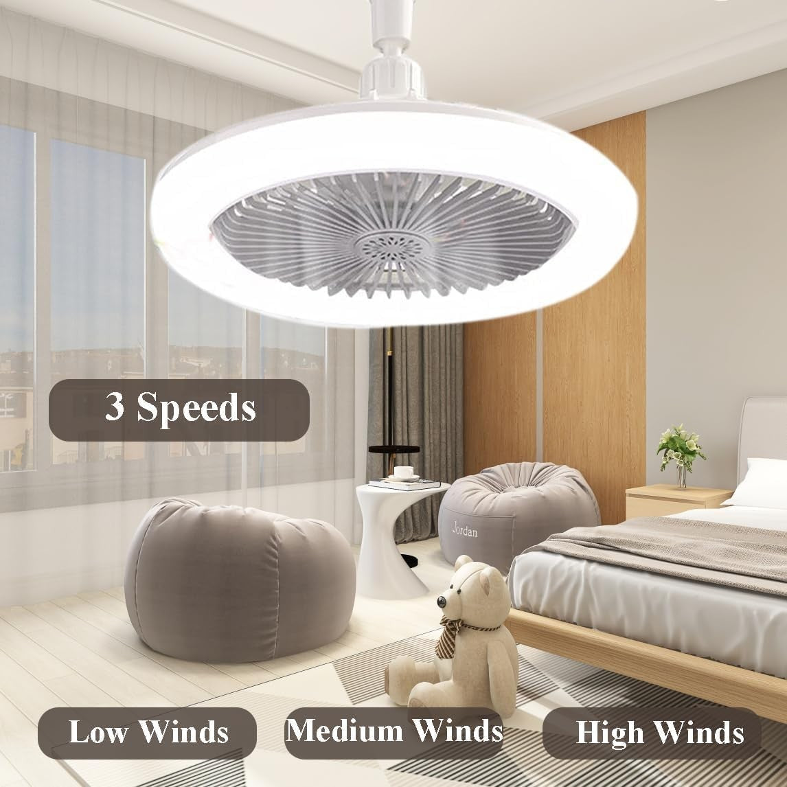 30W Ceiling Fan, 3 Speeds, 3 Color Dimmable LED, Remote, Modern Design