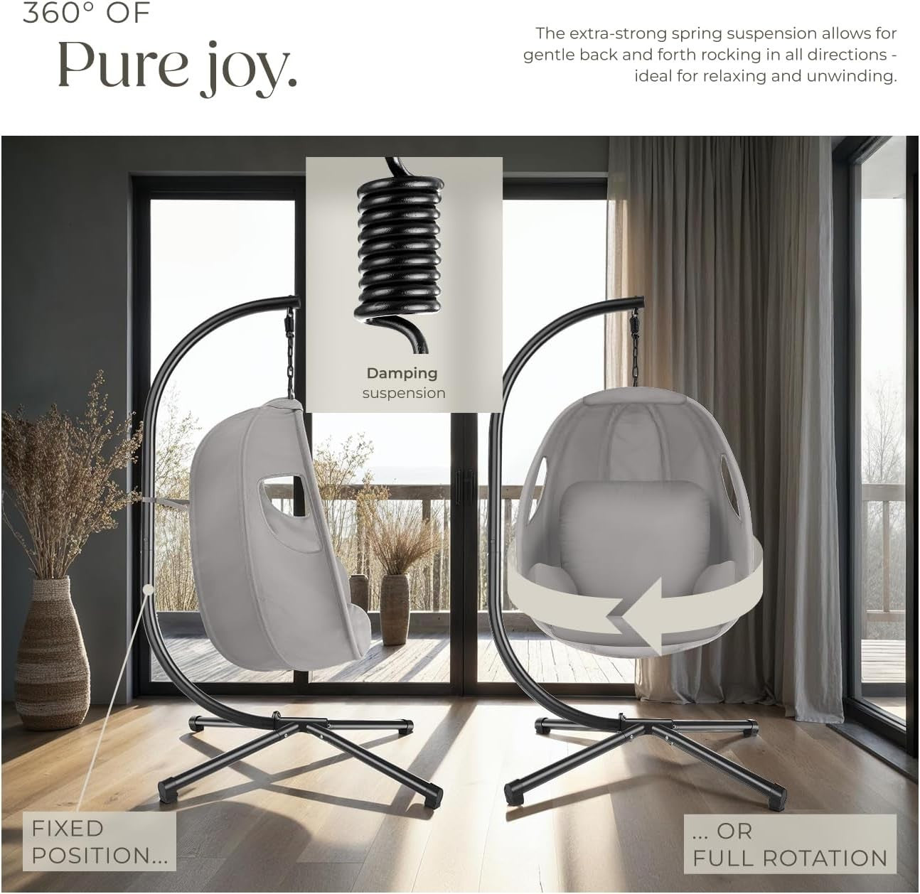 Swivel Hanging Egg Chair with Stand & Comfort Cushion for Indoor Outdoor Use